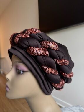 Embellished Braided Turban Hat in Dark Brown and Rose Sequin
